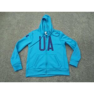Under Armour Full Zip Hoodie Mens Large Blue‎ Jacket Gold Gear Logo Fleece